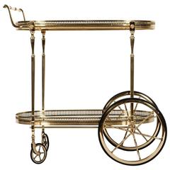 French Vintage Solid Brass Wheeled Two-Tier Bar Cart