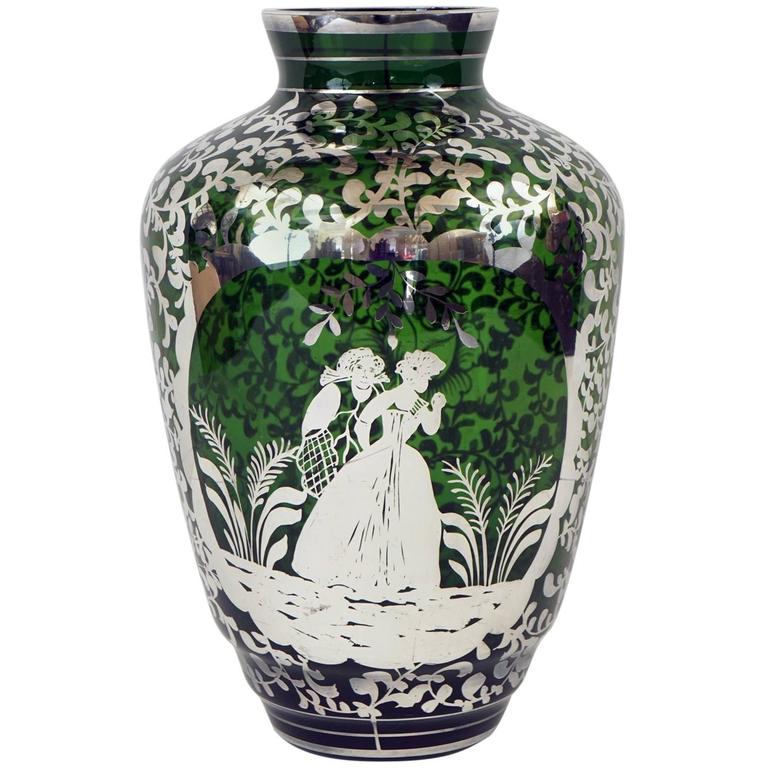 Silver Overlay Blown Green Glass Vase From the Estate Of Bunny Mellon