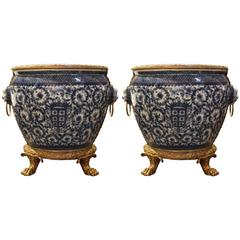 Pair of Chinese Blue and White Hand-Painted Planters with Gilt Bronze Base/Tr