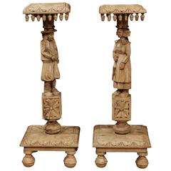 Pair of 19th Century French Carved Sellettes Pedestals with Bretons People