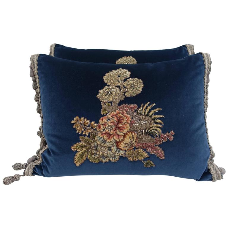 Velvet Pillows with 19th Century French Appliques For Sale at 1stdibs
