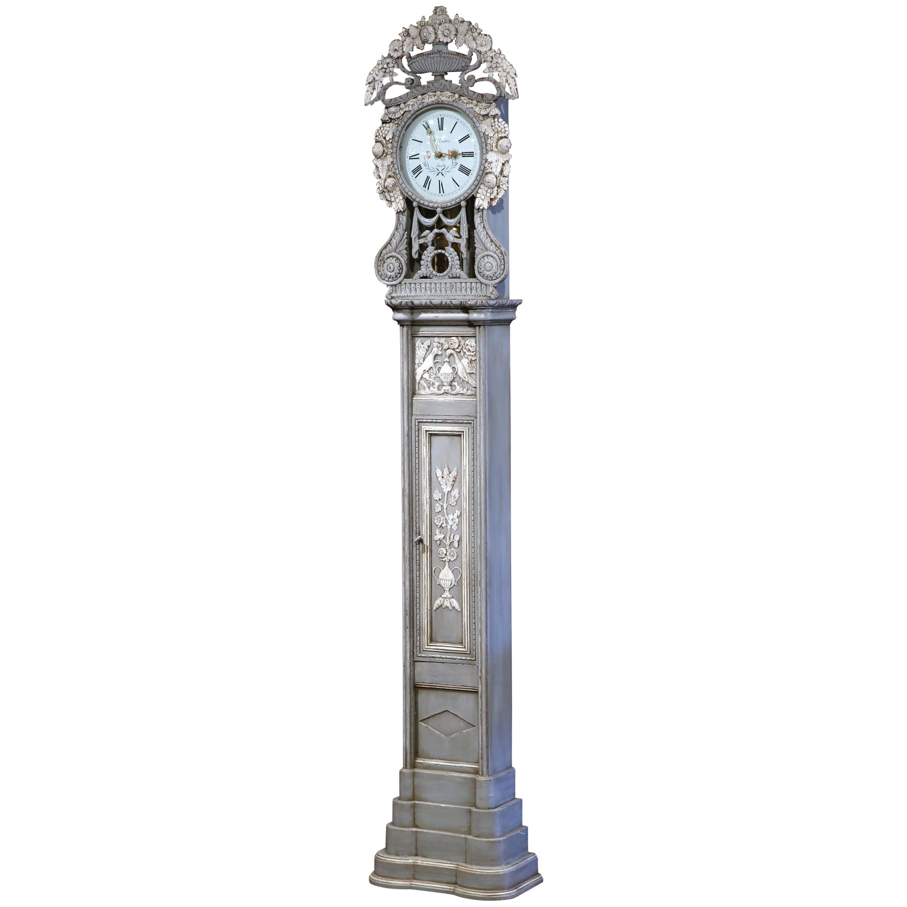 Tall Mid-20th Century French Carved Painted Grandfather Clock from Normandy