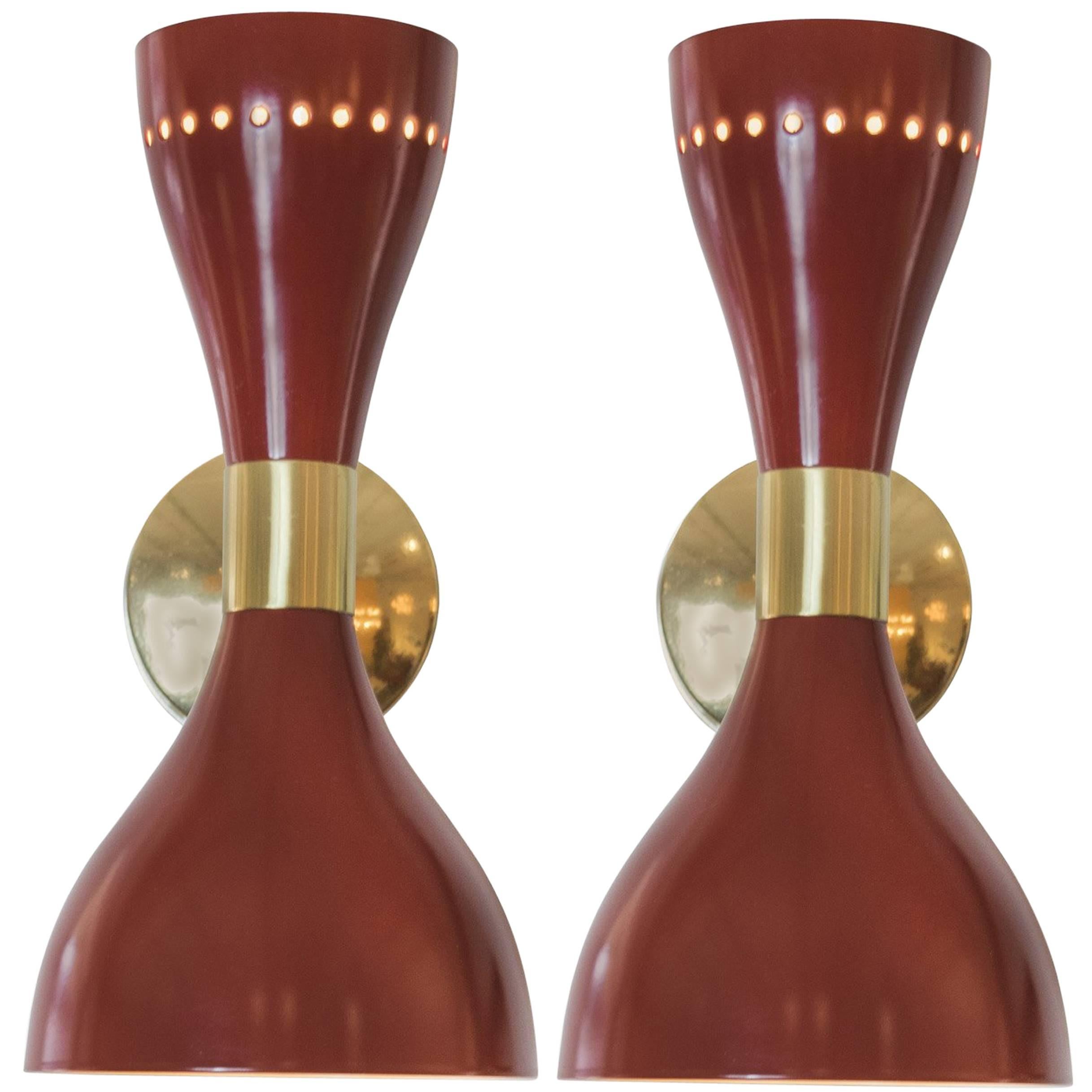 Vintage Stilnovo Red Lacquer and Brass Sconces