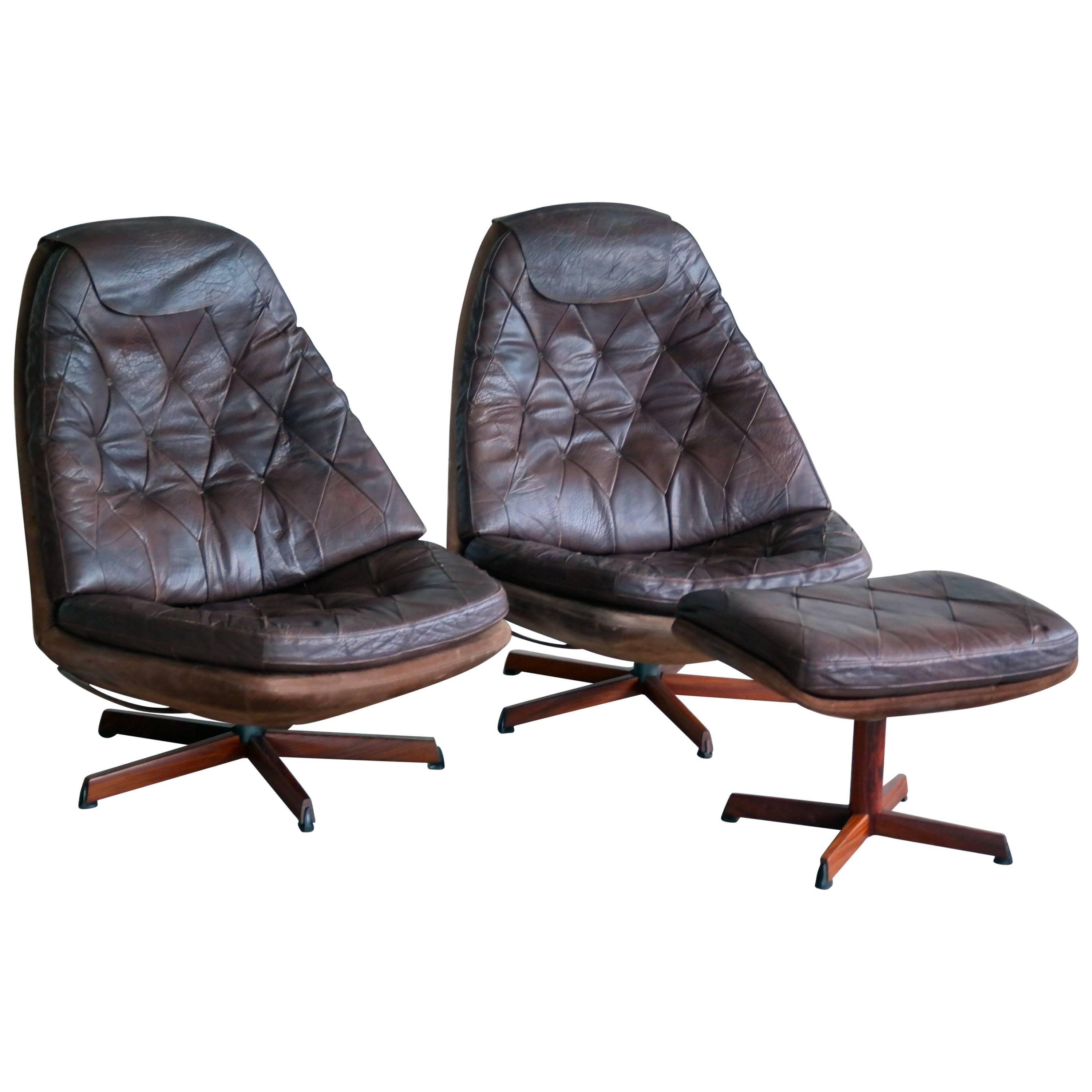 Madsen & Schubel Model MS68 Leather on Suede Swivel Lounge Chairs with Ottoman