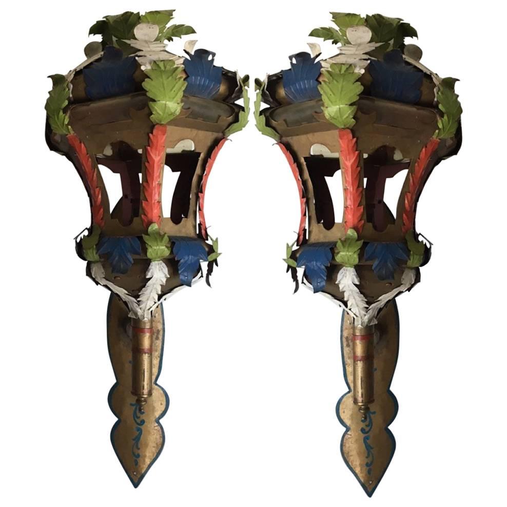 Pair of Painted Wall Sconce Lanterns in the Manner of Tony Duquette