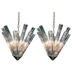 Striking Pair of Venini Sputnik Chandeliers with Pointed Brass Bases