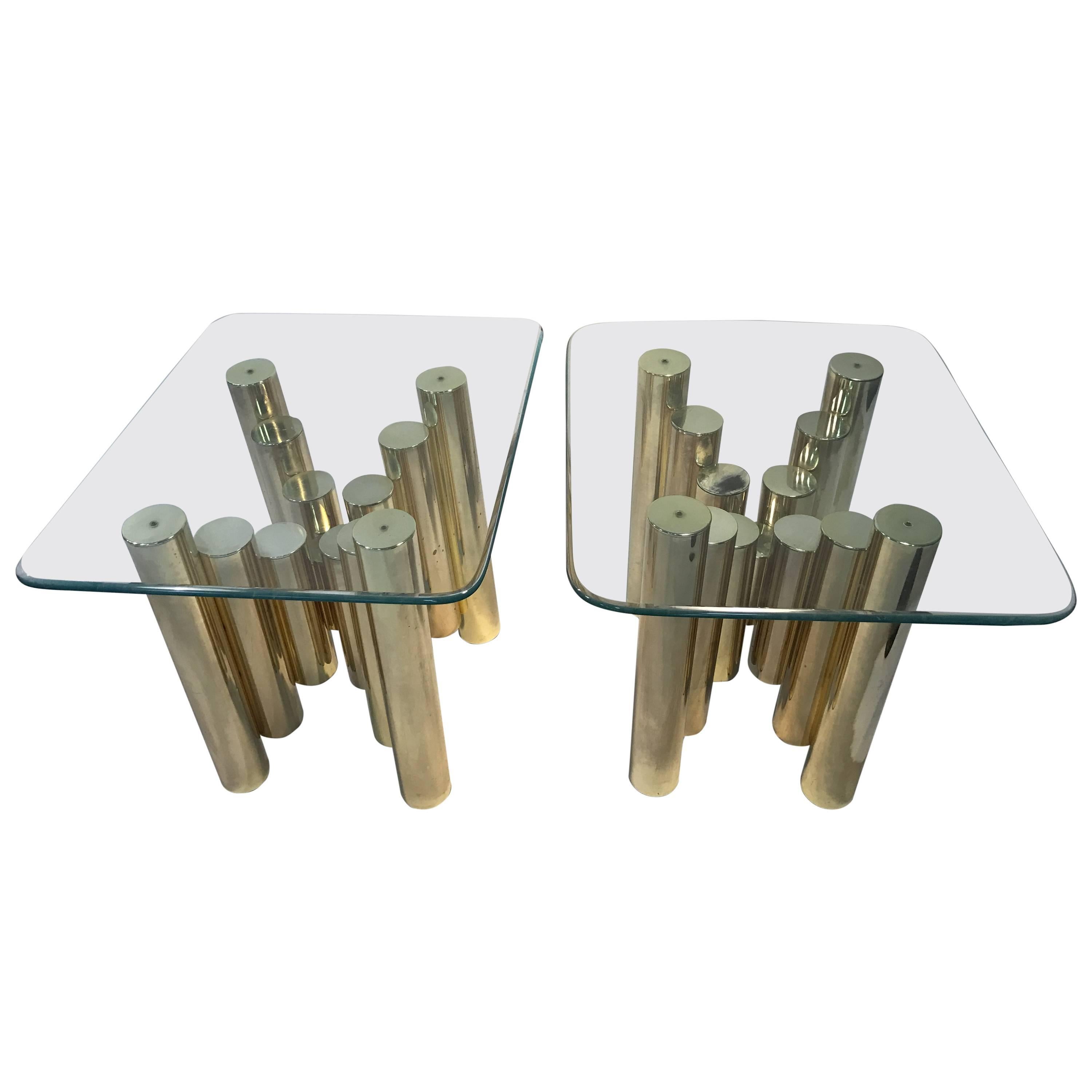 Terrific Pair of Brass Tubular Side Tables in the Manner of Mastercraft For Sale