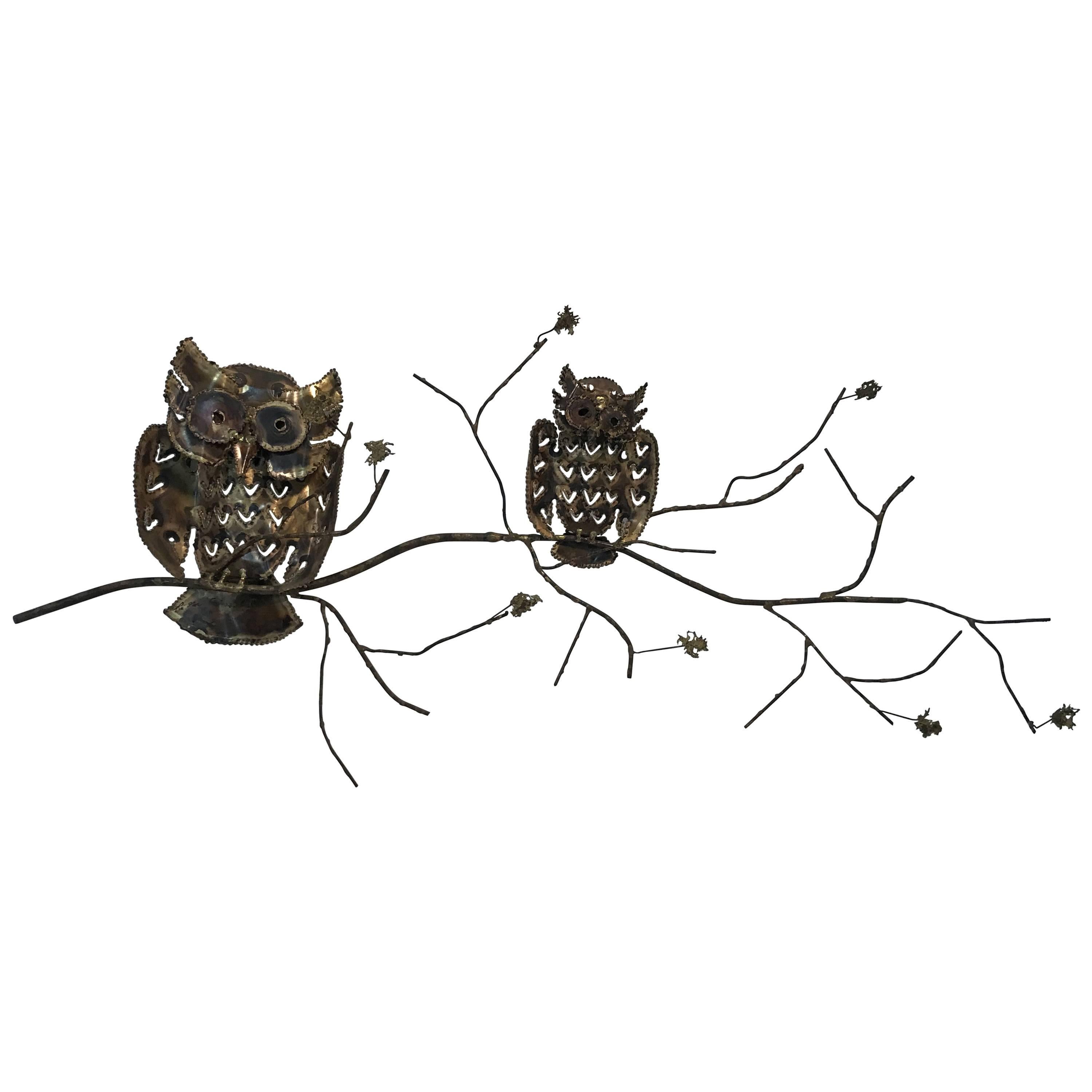 Wonderful Mixed-Metal Owl Wall-Mounted Sculpture by Curtis Jere For Sale