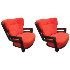 Pair of Lounge Chairs in Solid Oak and Fabric by Guillerme & Chambron for Votre