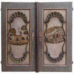 Pair of German 18th Century Baroque Painted Doors Hunting Deer Stag