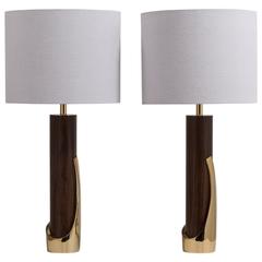Retro Pair of Laurel Faux Wood Mica and Brass Table Lamps, 1960s