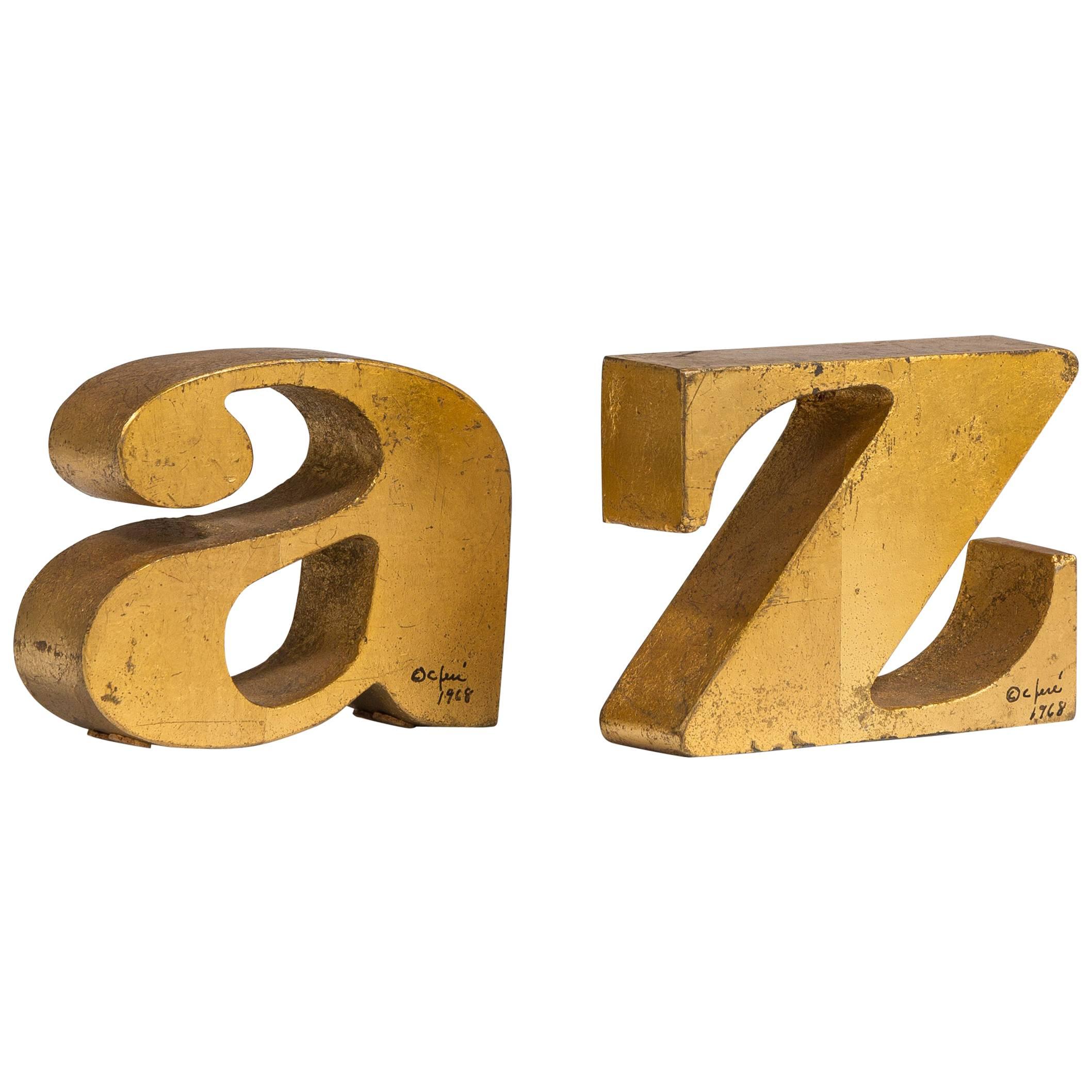 Rare Pair of A-Z Gilded Bookends by Curtis Jere, Signed 1968 For Sale