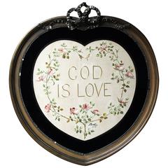 Antique Edwardian Heart-Shaped Verre Eglomisé Panel; ‘God Is Love, ' circa 1902