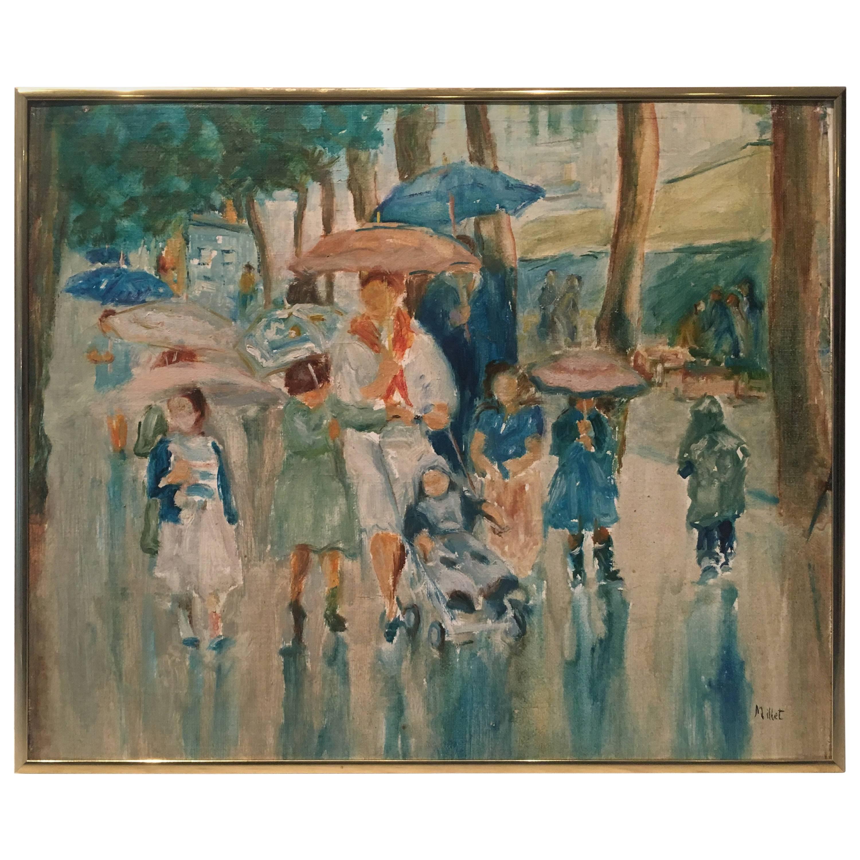 Charming Impressionist Painting of Women and Children in the Rain
