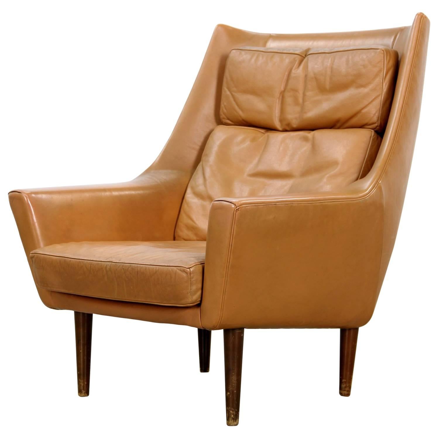 Danish Lounge Chair Attributed to Hans Olsen, with Cognac Original Leather