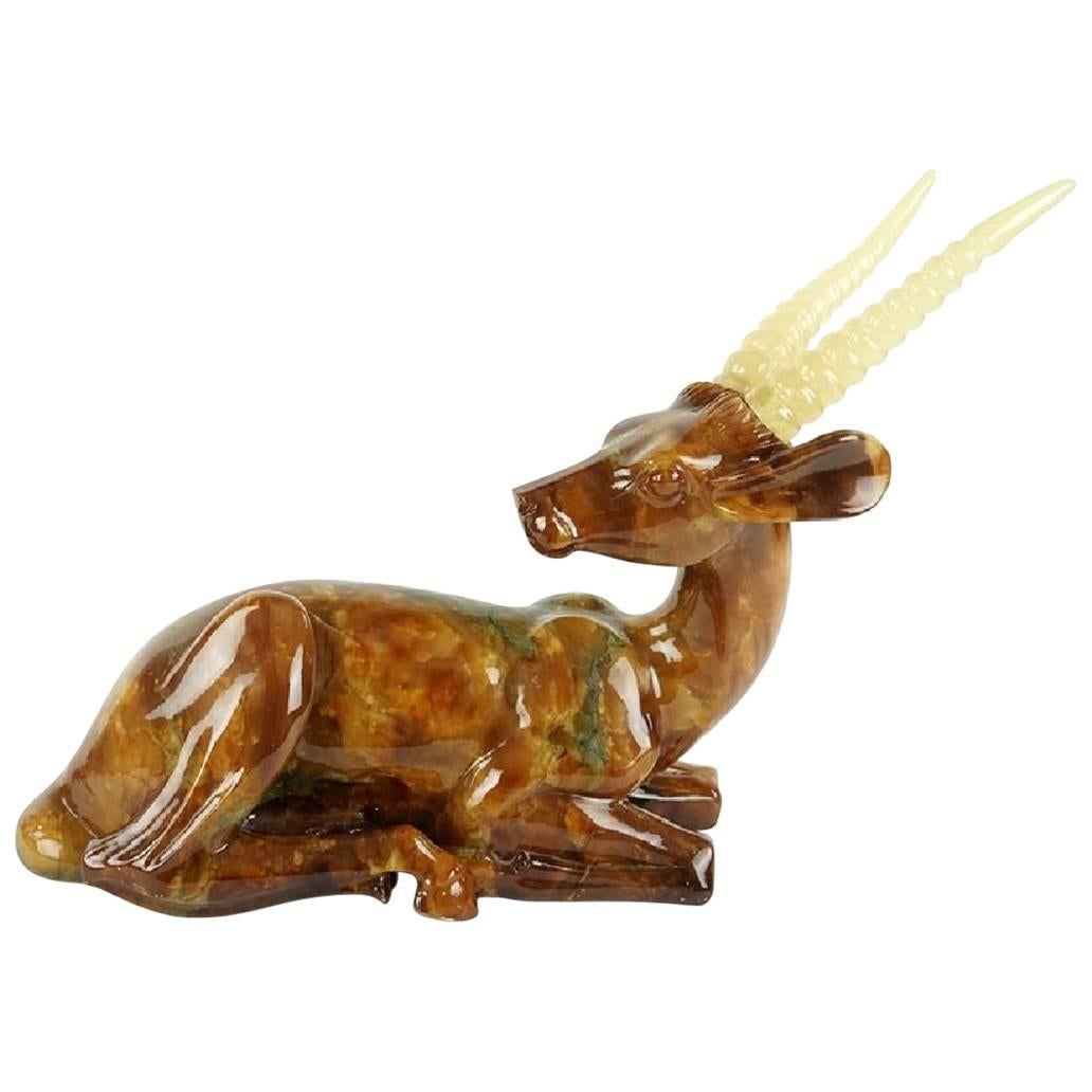 Large, Incredible Carved Onyx Statue of Seated Gazelle For Sale