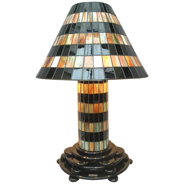Rare Large Belgian Art Deco Stained Leaded Glass Lamp, circa 1930 For