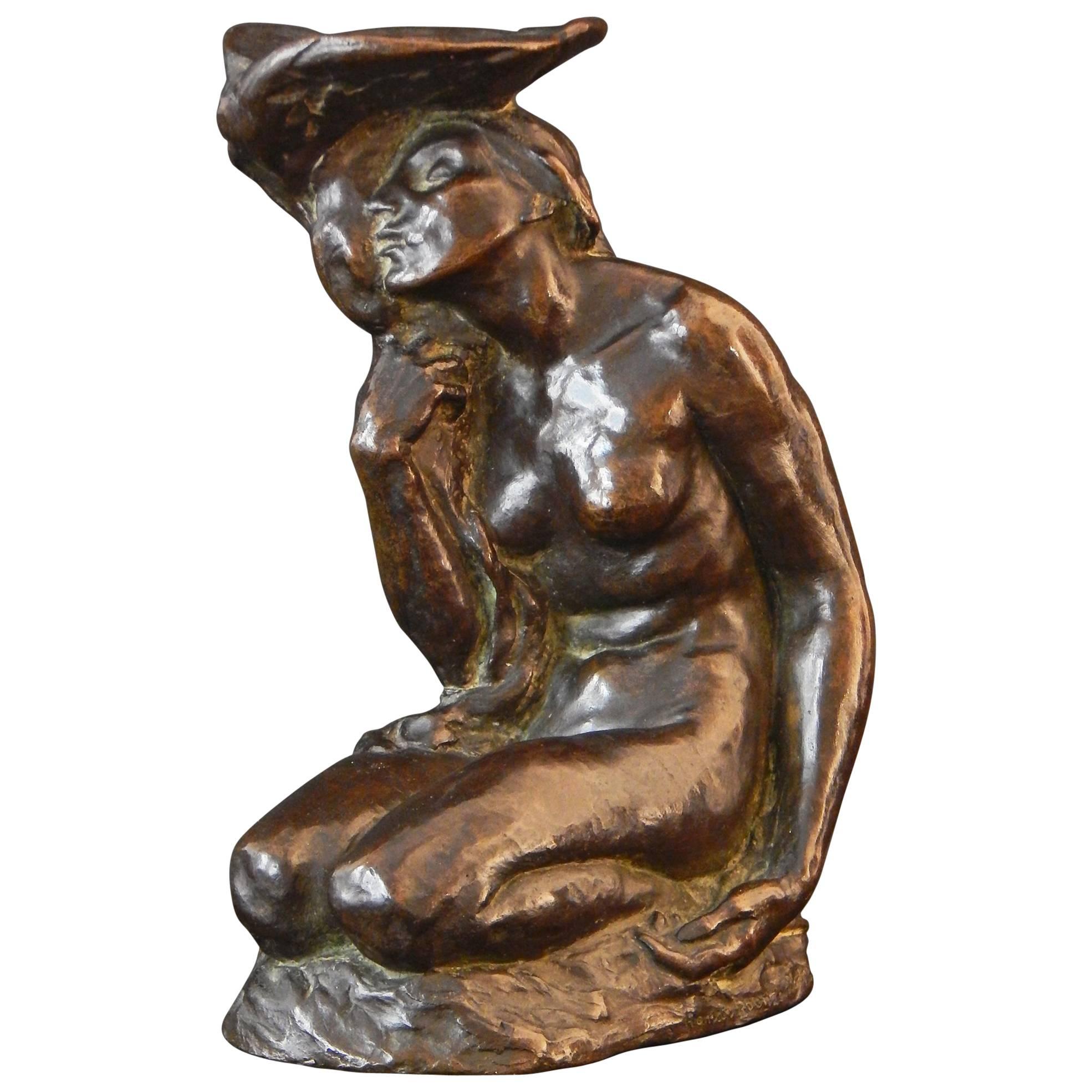 "Nude with Lily Pad, " Important Bronze Candlestick by Roman Bronze Works For Sale