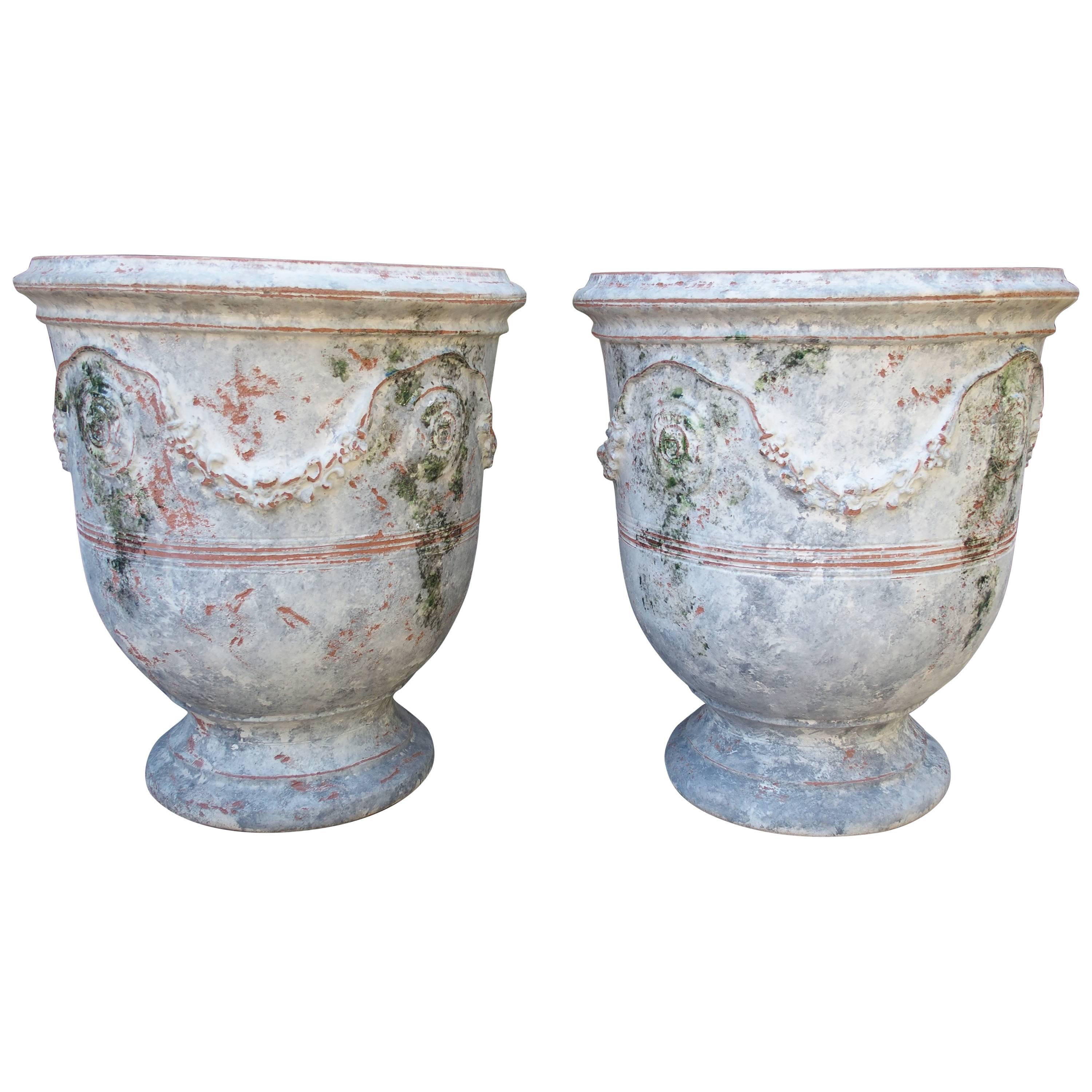 Pair of Large Painted and Distressed Anduze Pots, France