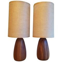 Pair of Petite Walnut Table Lamps with Grasscloth Shades
