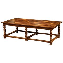 Vintage Large French, Six-Legged and Stretcher Walnut Coffee Table with Parquet Top