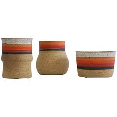 Style Striped Hand Thrown Pottery, Set of Three, 1970s