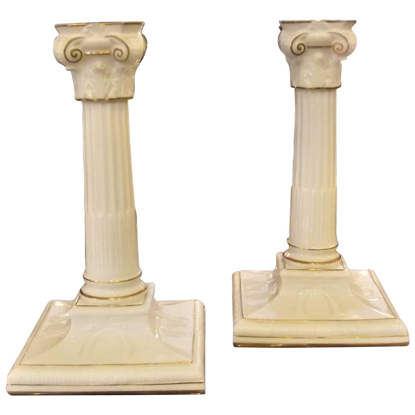 Pair of Antique English Gilt Porcelain Neoclassic Candlesticks