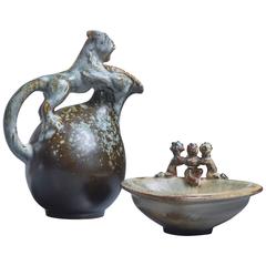 Bode Willumsen Sculptural Stoneware Set of Jug and Bowl, Denmark, 1930s 2