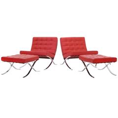 Pair of Red Leather Barcelona Chairs (Only). Ottomans are for sale separately. 