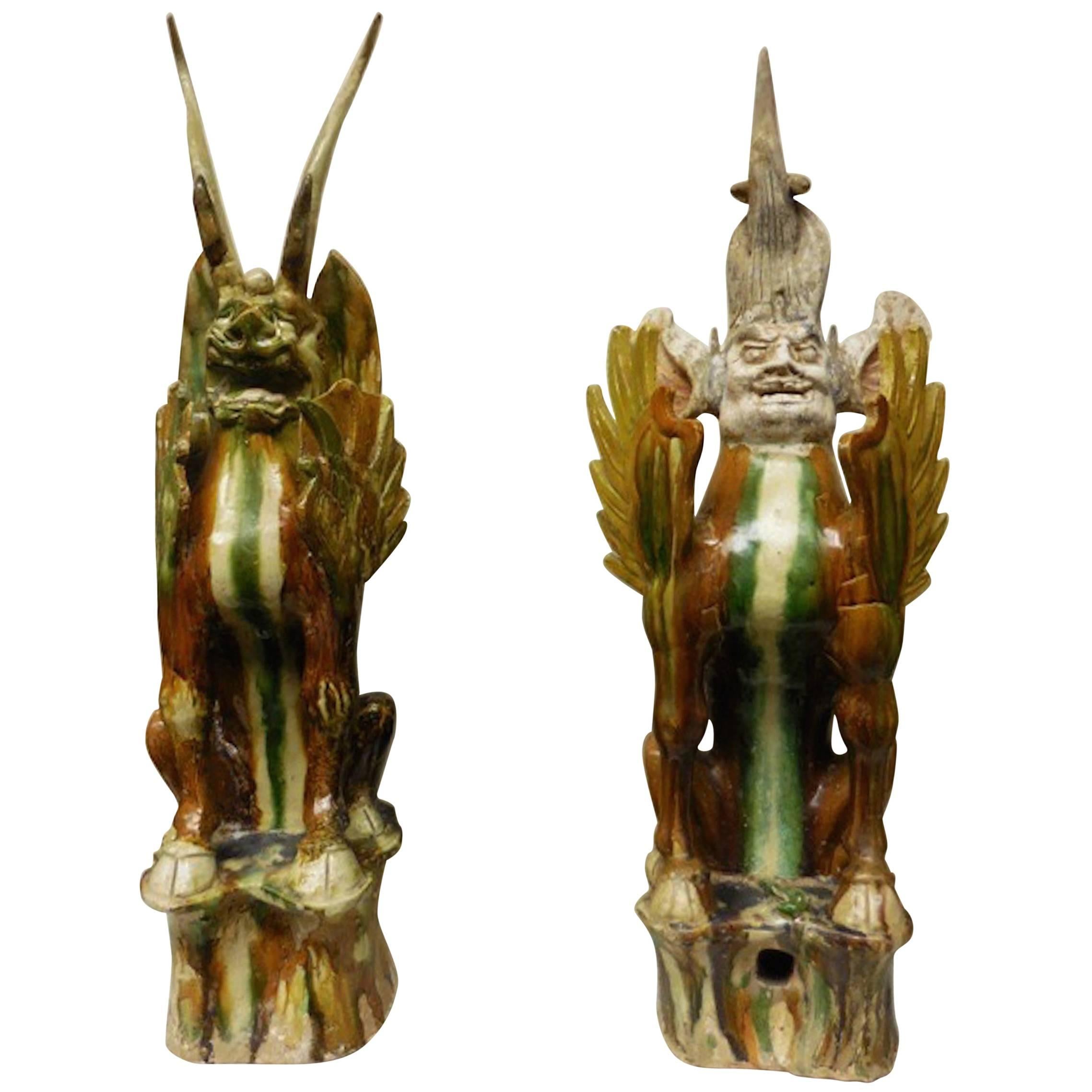 Pair of Ancient Chinese Tang Dynasty Sancai Glazed Earth Spirits For Sale