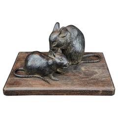 Japan  Antique Solid Cast Bronze Pair of Mice Nezumi , Meiji 1900
