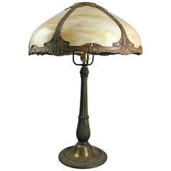 Antique Miller Style Arts & Crafts Slag Glass Lamp on Bronze Finish Base