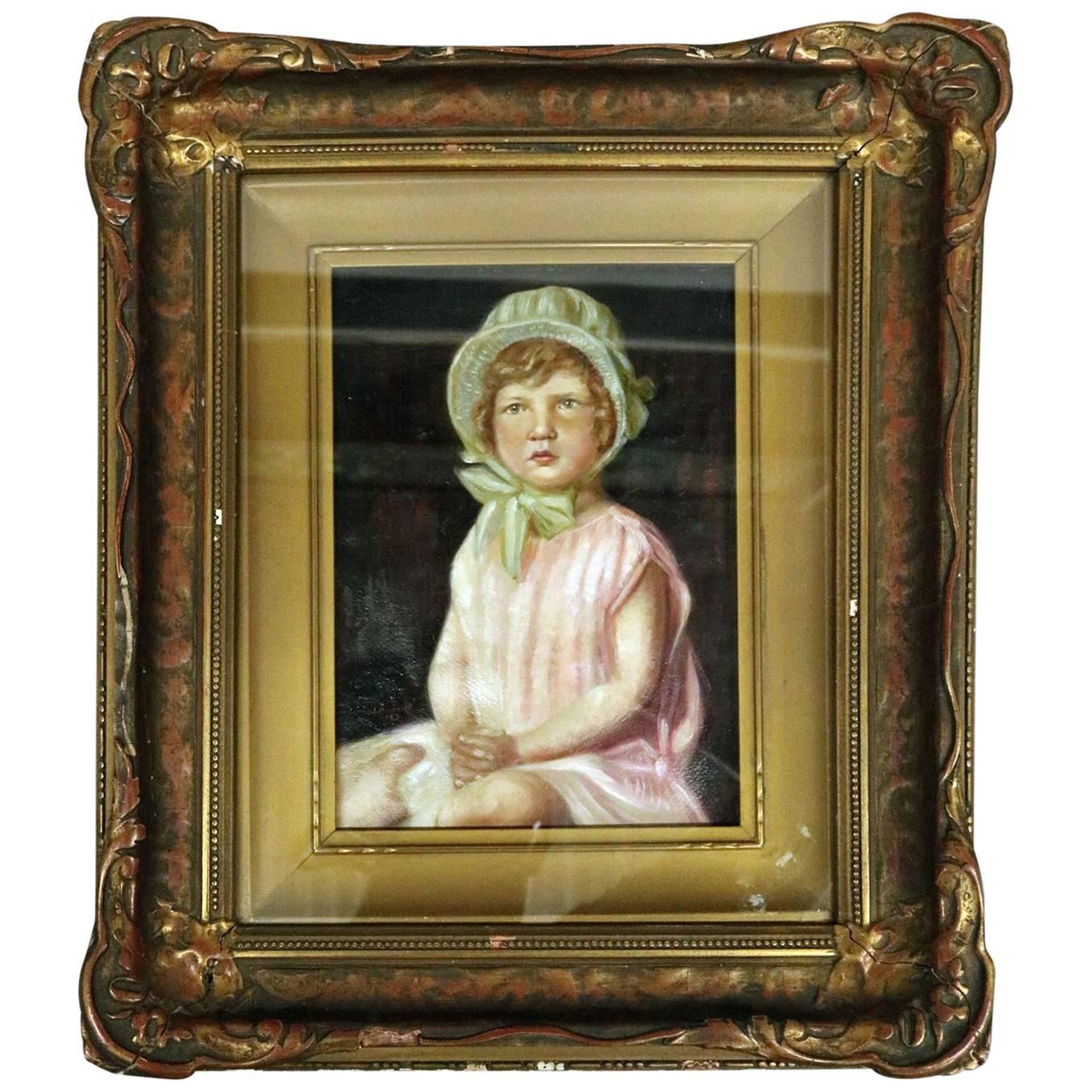 Antique Oil on Canvas of Young Girl by Joseph Hilpert, Signed and Dated, 1929