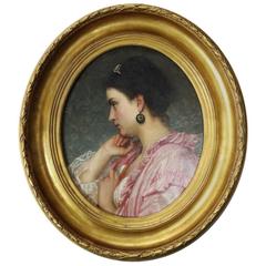 Antique French, Oil on Canvas Painting of Woman by Alfred Guillou, Signed, 1870s