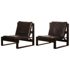 1970s, Set of Two Brutalist Lounge Chairs in Black Leather by Sonja Wasseur