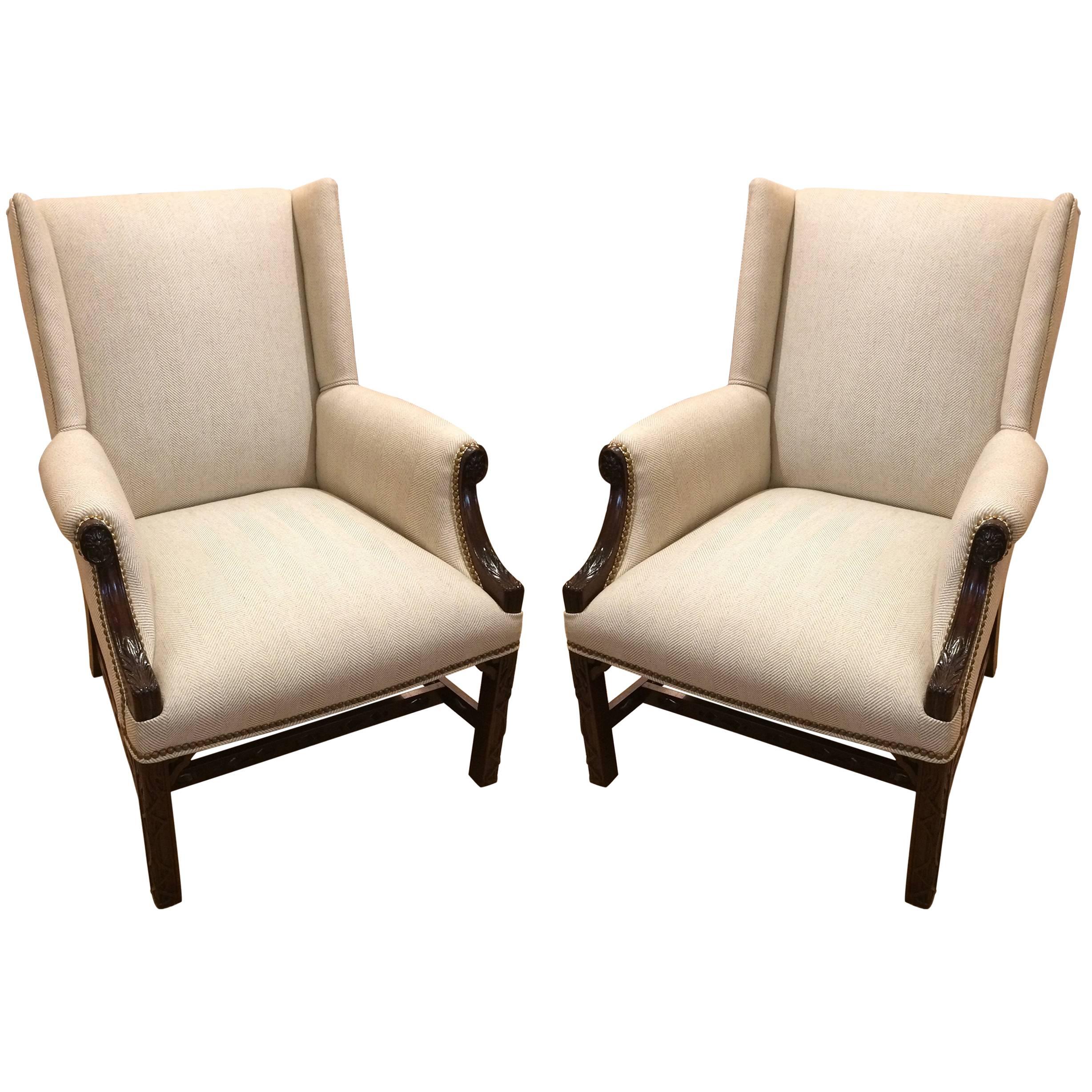 Stunning Pair of Chippendale Mahogany Upholstered Herringbone Armchairs