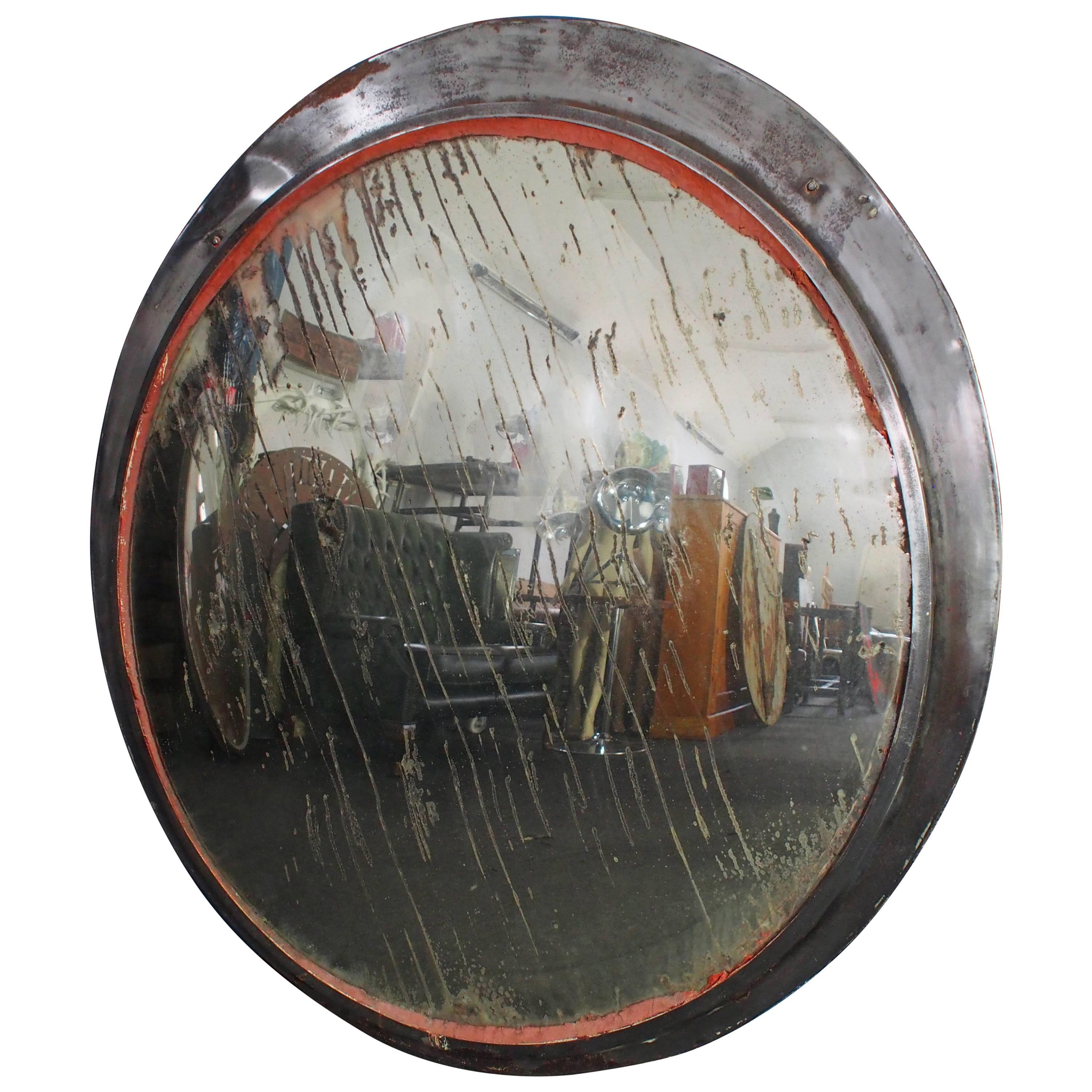 Large Vintage Convex Station Mirror with Aged Silvering, 1920s For Sale