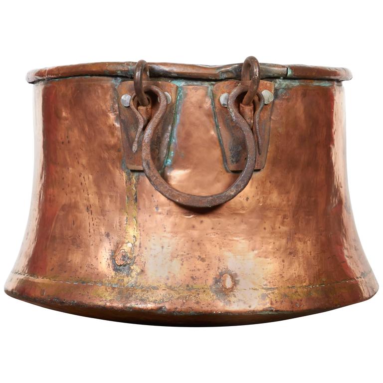 Large Antique Copper Kettle with Flared Base and Heavy Iron Handles For