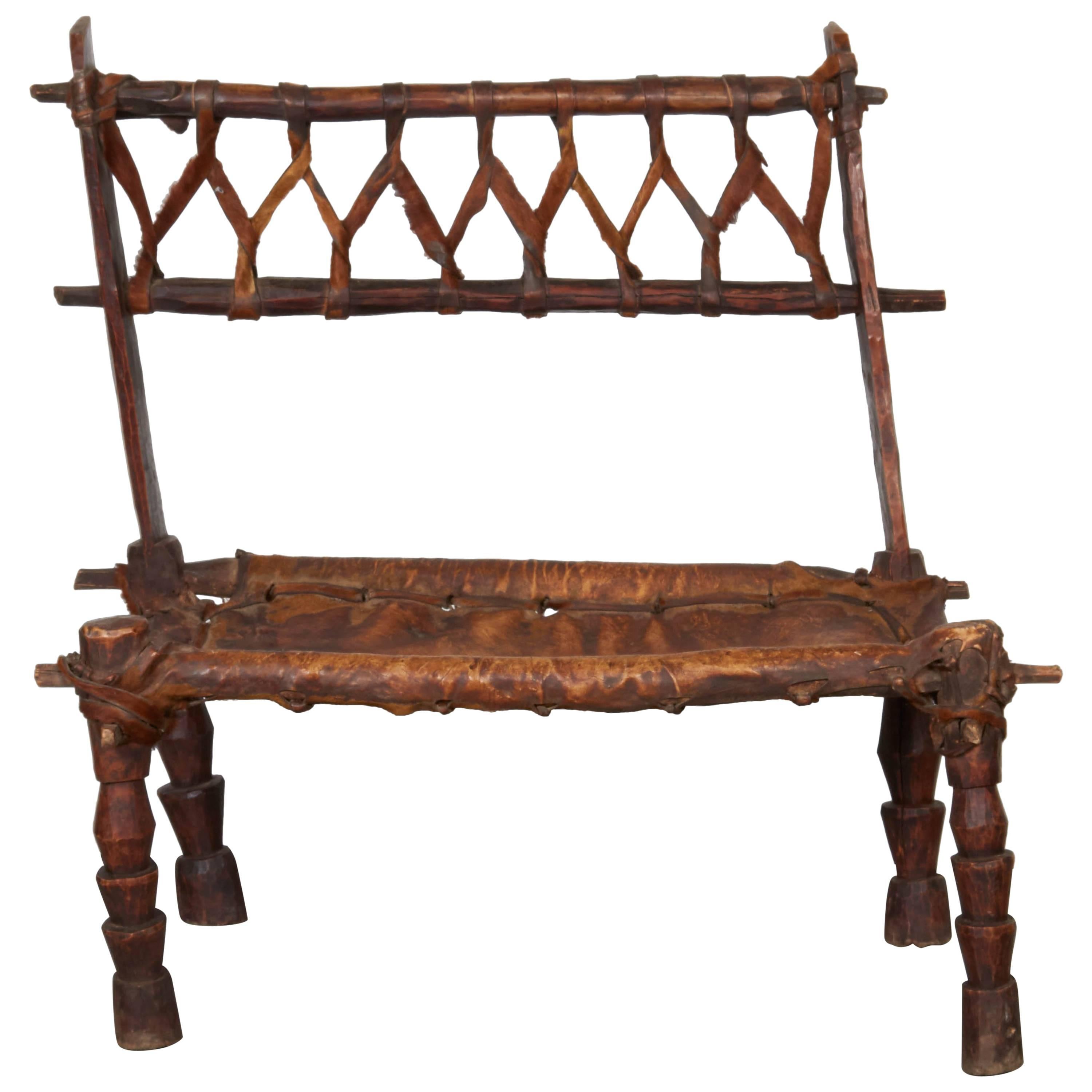Rustic Antique Wood and Leather Bench with Great Patina and Character