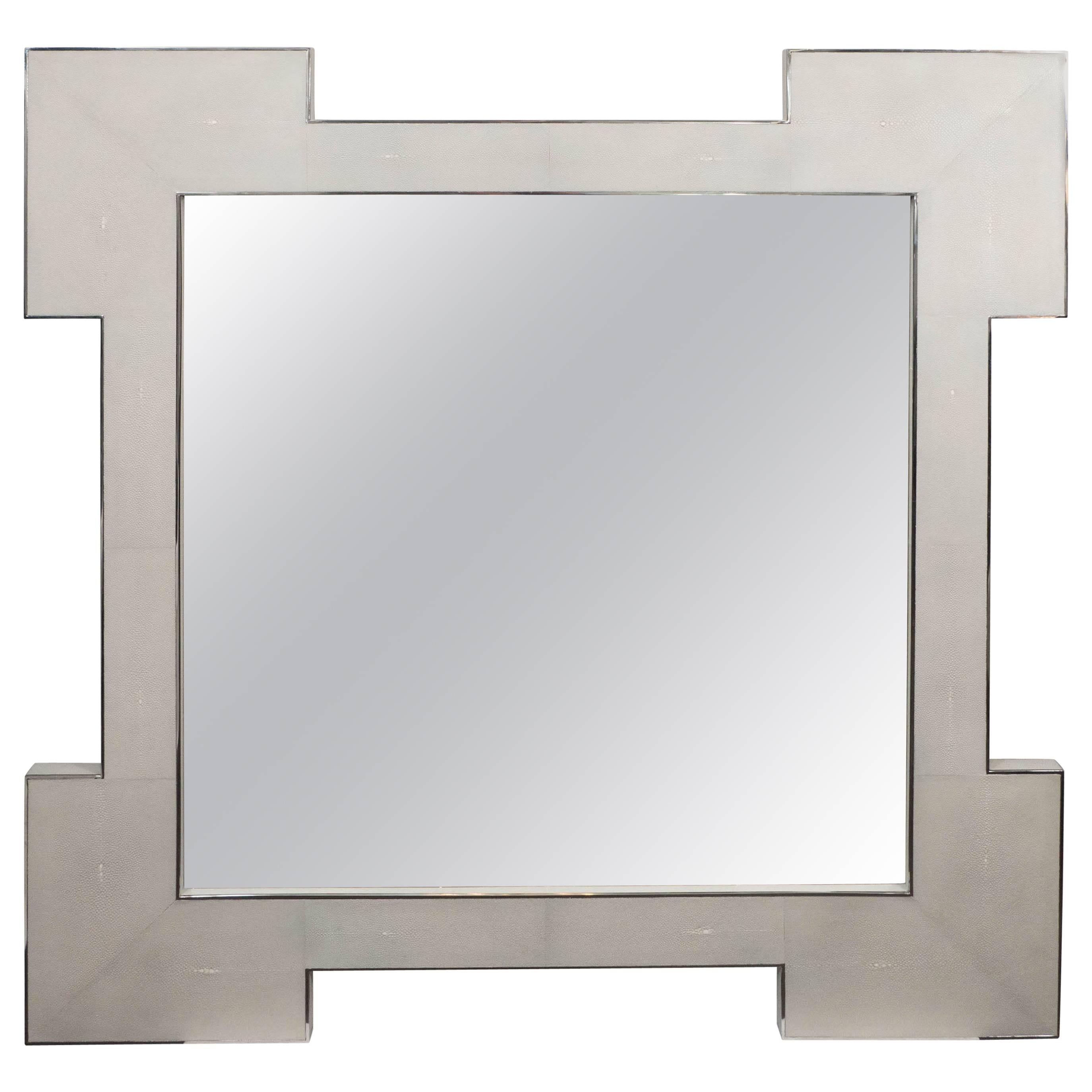 Custom Square Shagreen Mirror with Square Edges For Sale