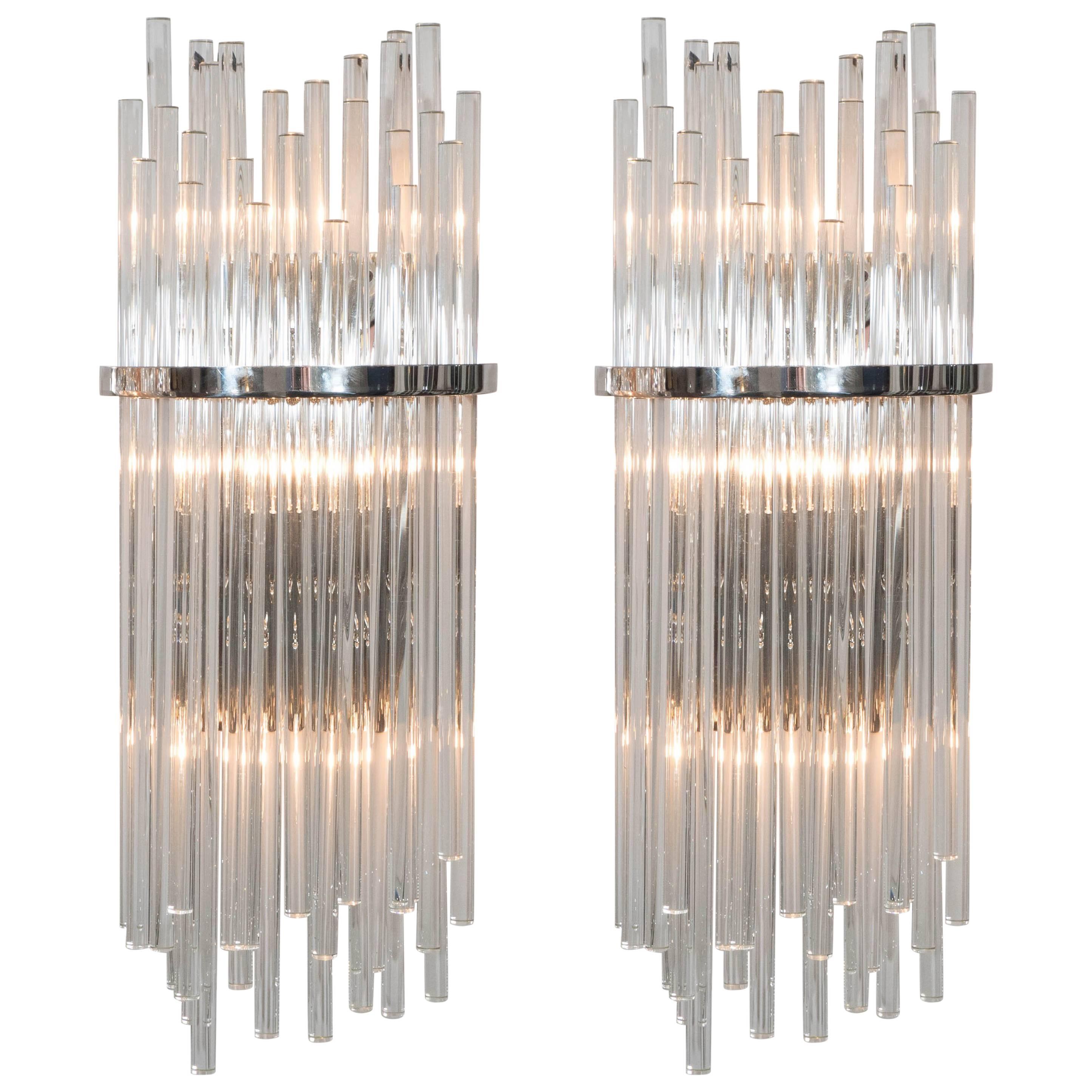 Pair of Custom Large Glass Rod Sconces with Polished Nickel Frame