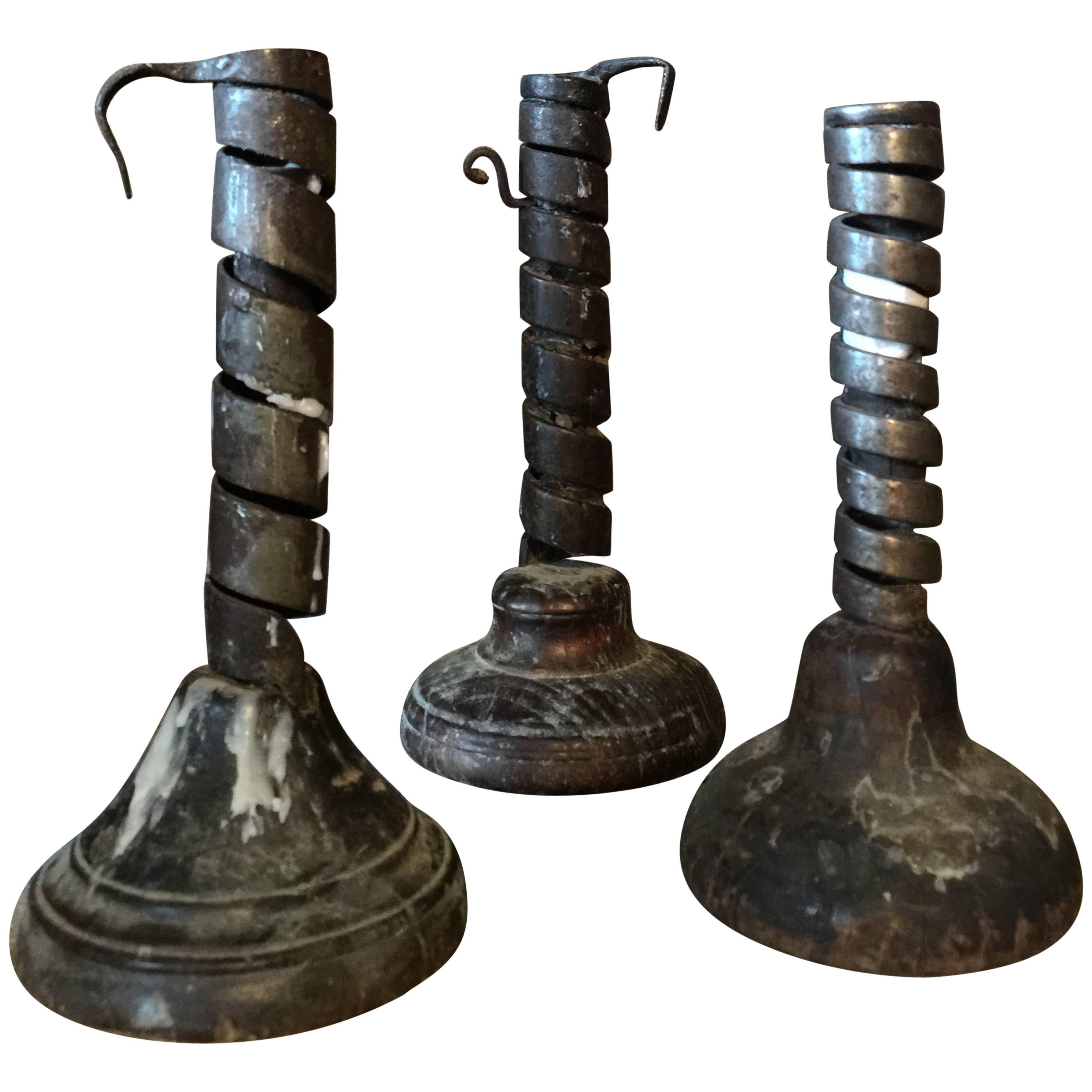 Set of Three Adjustable Twisted Spiral Candleholders For Sale