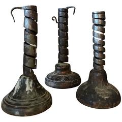 Antique Set of Three Adjustable Twisted Spiral Candleholders