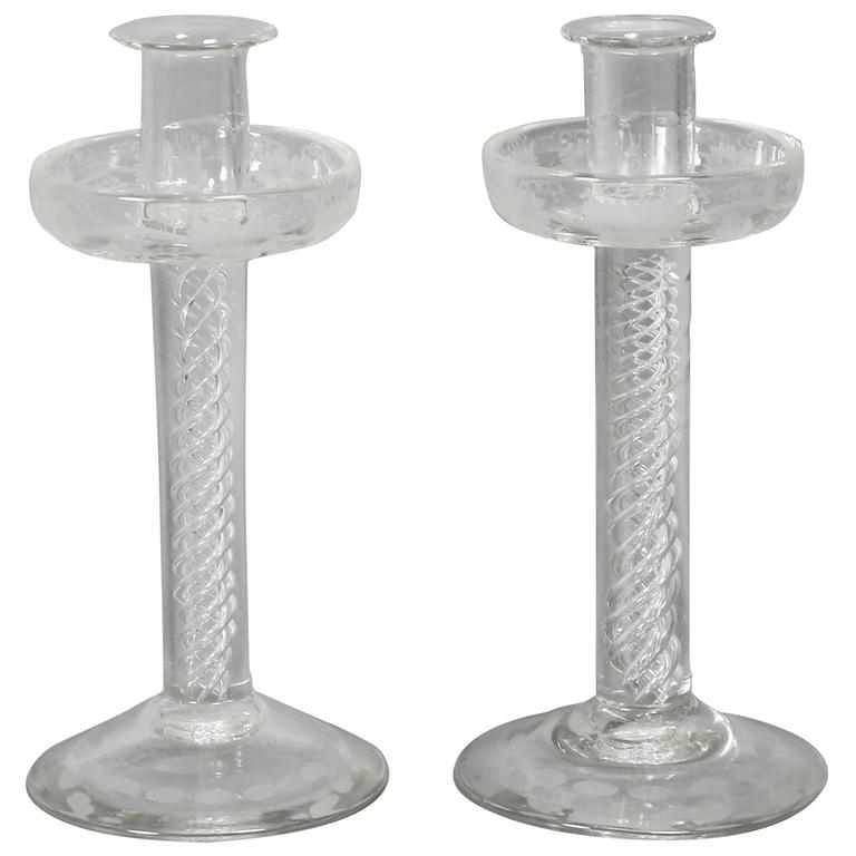Pair of Victorian Etched Glass Candlesticks For Sale at 1stdibs