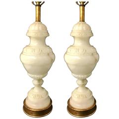 Massive Pair of Alabaster Lamps with Gold Leaf Accents