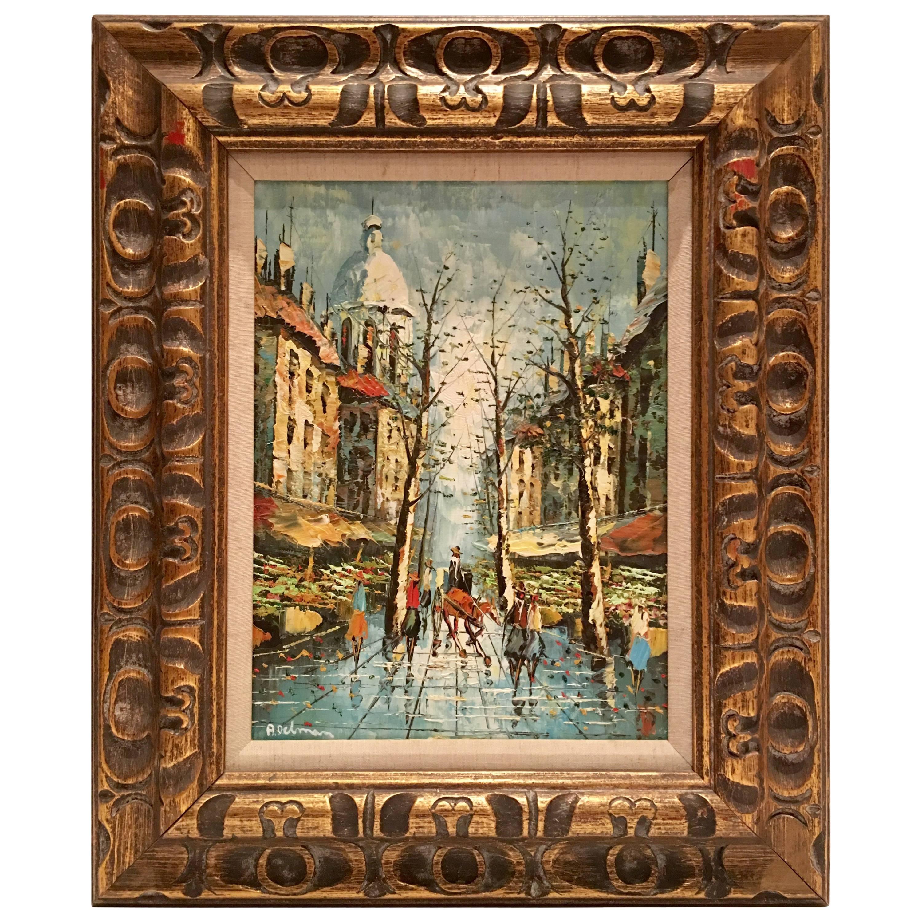 Mid- Century Original Oil on Canvas, "Paris Market" By, Adelman For Sale
