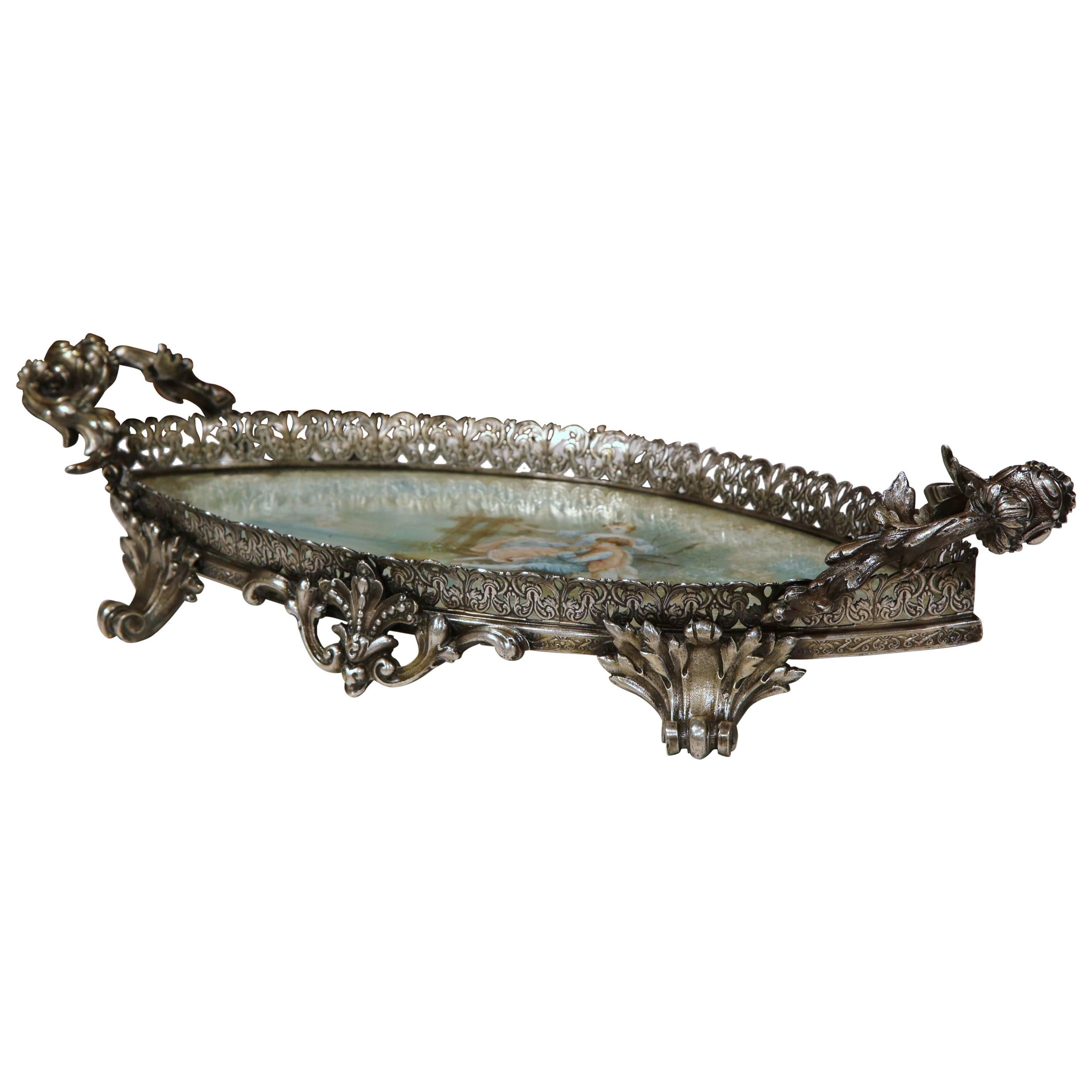 19th Century, French, Louis XV Silvered Bronze Centrepiece with Reverse Painting