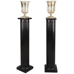 One Pair Of Hollywood Regency Ebonized Fluted Columns With Silver Plate Uplight.