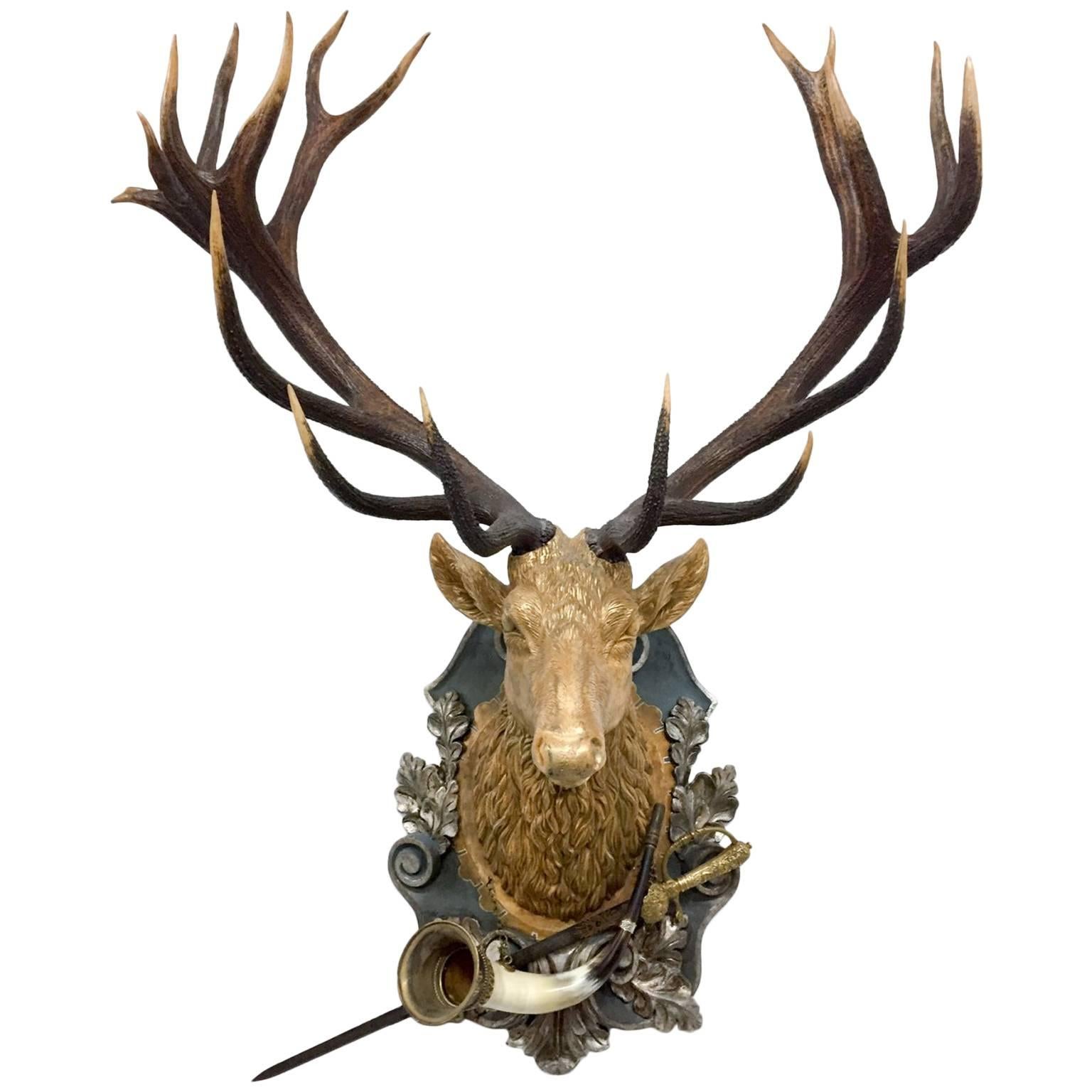 19th Century Habsburg Red Stag Trophy with Hunt Horn & Hunt Sword