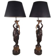 Antique Pair of French Figural Bronzes Now Mounted as Lamps